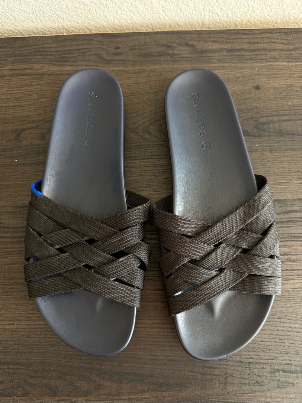 Rothy's Dark Blue & Black Woven Slide Sandals